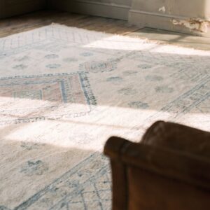 Light Ivory Color Antique Indian Tribal Geometric Floral Pattern Cotton Agra Gallery Carpet (SKU 19465) - in-room detail
