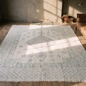Light Ivory Color Antique Indian Tribal Geometric Floral Pattern Cotton Agra Gallery Carpet (SKU 19465) - styled overhead view
