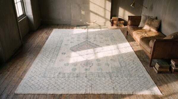 Light ivory color antique indian tribal geometric floral pattern cotton agra gallery carpet 2 Light ivory color antique indian tribal geometric floral pattern cotton agra gallery carpet (sku 19465) - styled overhead view
