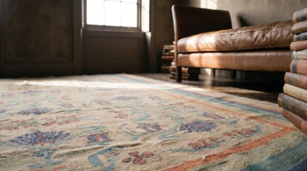 Light ivory color antique irish floral arts & crafts design donegal rug 10 Light ivory color antique irish floral arts & crafts design donegal rug (sku 17951) - in-room detail
