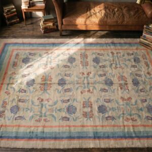Light Ivory Color Antique Irish Floral Arts & Crafts Design Donegal Rug (SKU 17951) - styled overhead view