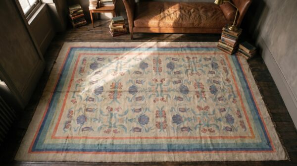 Light ivory color antique irish floral arts & crafts design donegal rug 2 Light ivory color antique irish floral arts & crafts design donegal rug (sku 17951) - styled overhead view