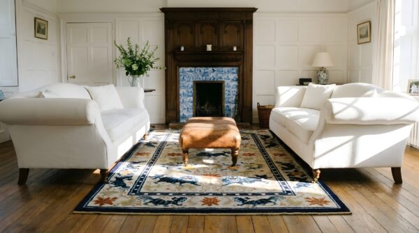 Light ivory color antique silk pile chinese foo dog design area rug (sku 24758) - room view