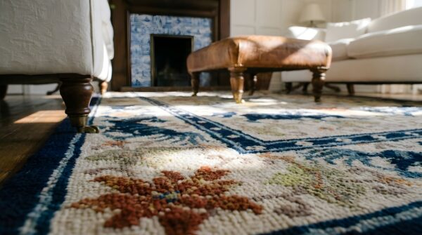 Light ivory color antique silk pile chinese foo dog design area rug (sku 24758) - in-room detail