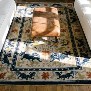 Light Ivory Color Antique Silk Pile Chinese Foo Dog Design Area Rug (SKU 24758) - styled overhead view