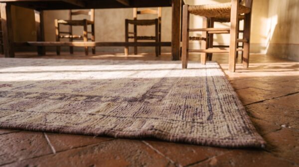 Light ivory color antique small size tribal geometric indian agra cotton pile area rug 8 Light ivory color antique small size tribal geometric indian agra cotton pile area rug (sku 21035) - in-room detail