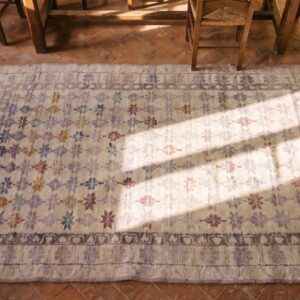 Light Ivory Color Antique Small Size Tribal Geometric Indian Agra Cotton Pile Area Rug (SKU 21035) - styled overhead view