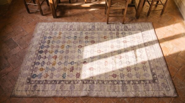 Light ivory color antique small size tribal geometric indian agra cotton pile area rug 2 Light ivory color antique small size tribal geometric indian agra cotton pile area rug (sku 21035) - styled overhead view
