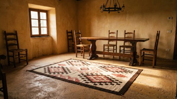 Antique light ivory color tribal geometric native american flatweave navajo rug 10 Antique light ivory color tribal geometric native american flatweave navajo rug (sku 20313) - room view