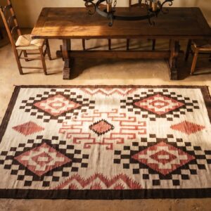 Antique Light Ivory Color Tribal Geometric Native American Flatweave Navajo Rug (SKU 20313) - styled overhead view