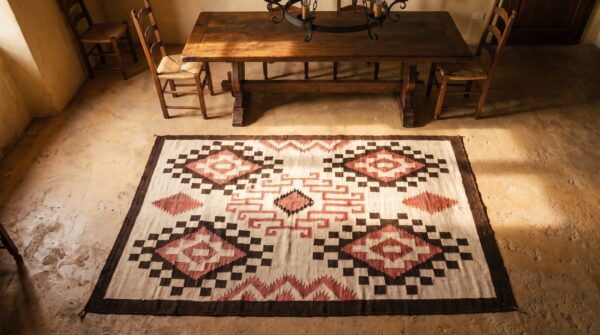 Antique light ivory color tribal geometric native american flatweave navajo rug 2 Antique light ivory color tribal geometric native american flatweave navajo rug (sku 20313) - styled overhead view