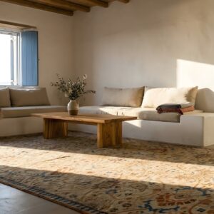 Light Ivory Cream Color Large Scale Antique Late 19th Century Persian Sultanabad Rug (SKU 23990) - styled overhead view