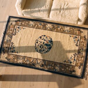 Light Ivory Cream Color Open Field Floral Medallion Antique Chinese Peking Rug (SKU 24509) - styled overhead view