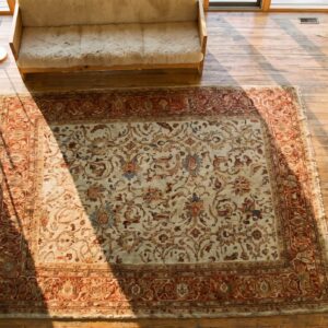 Light Ivory Cream Color Antique Tribal Allover Floral Design Persian Sultanabad Carpet (SKU 17756) - styled overhead view