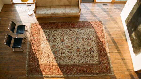 Light ivory cream color antique tribal allover floral design persian sultanabad carpet 2 Light ivory cream color antique tribal allover floral design persian sultanabad carpet (sku 17756) - styled overhead view