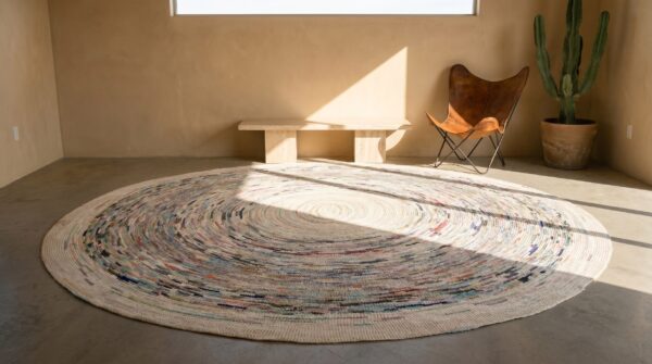 Antique light ivory modernist round american braided area rug 6 Antique light ivory modernist round american braided area rug (sku 19891) - room view