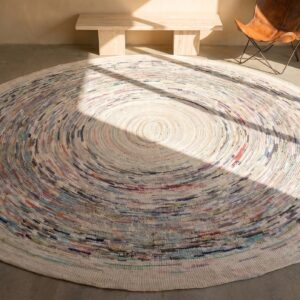 Antique Light Ivory Modernist Round American Braided Area Rug (SKU 19891) - styled overhead view