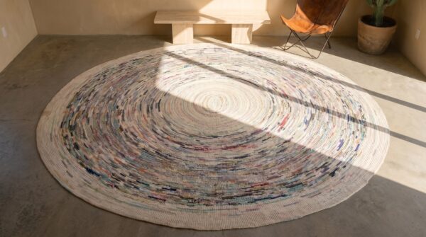Antique light ivory modernist round american braided area rug 2 Antique light ivory modernist round american braided area rug (sku 19891) - styled overhead view
