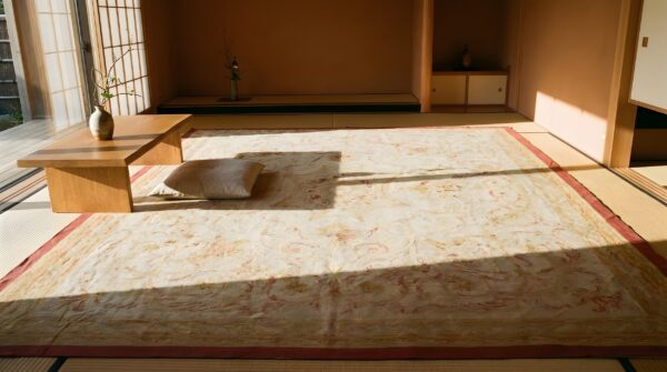 Antique light ivory square french aubusson room size flatweave rug (sku 24933) - room view