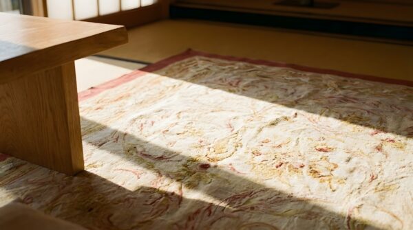 Antique light ivory square french aubusson room size flatweave rug (sku 24933) - in-room detail