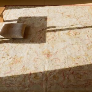 Antique Light Ivory Square French Aubusson Room Size Flatweave Rug (SKU 24933) - styled overhead view