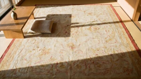 Antique light ivory square french aubusson room size flatweave rug (sku 24933) - styled overhead view