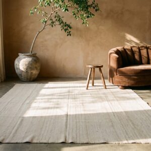 Light Ivory Vintage Mid Century Modern Square Persian Kilim Rug (SKU 20835) - room view