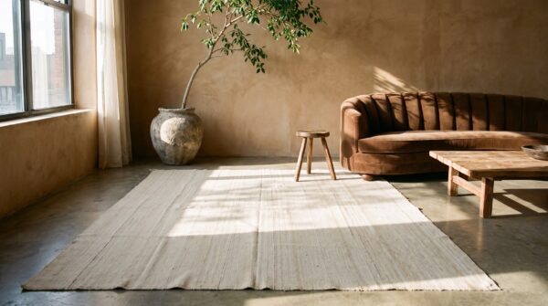 Light ivory vintage mid century modern square persian kilim rug 11 Light ivory vintage mid century modern square persian kilim rug (sku 20835) - room view