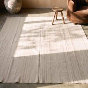 Light Ivory Vintage Mid Century Modern Square Persian Kilim Rug (SKU 20835) - styled overhead view
