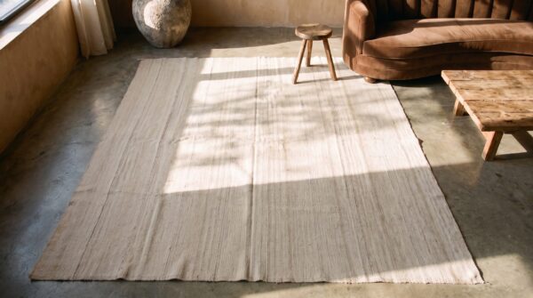 Light ivory vintage mid century modern square persian kilim rug 2 Light ivory vintage mid century modern square persian kilim rug (sku 20835) - styled overhead view
