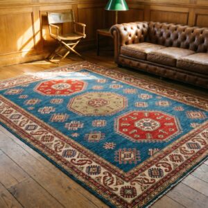 Light Sky Blue Antique Caucasian Square Small Scatter Wool Kazak Rug (SKU 19710) - room view