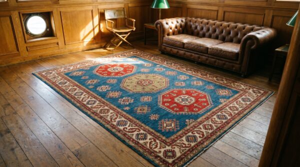 Light sky blue antique caucasian square small scatter wool kazak rug 6 Light sky blue antique caucasian square small scatter wool kazak rug (sku 19710) - room view