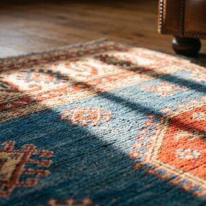 Light Sky Blue Antique Caucasian Square Small Scatter Wool Kazak Rug (SKU 19710) - in-room detail