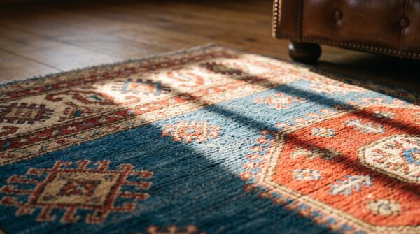 Light sky blue antique caucasian square small scatter wool kazak rug 7 Light sky blue antique caucasian square small scatter wool kazak rug (sku 19710) - in-room detail