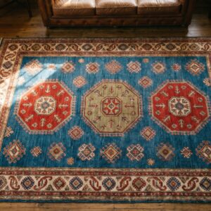 Light Sky Blue Antique Caucasian Square Small Scatter Wool Kazak Rug (SKU 19710) - styled overhead view