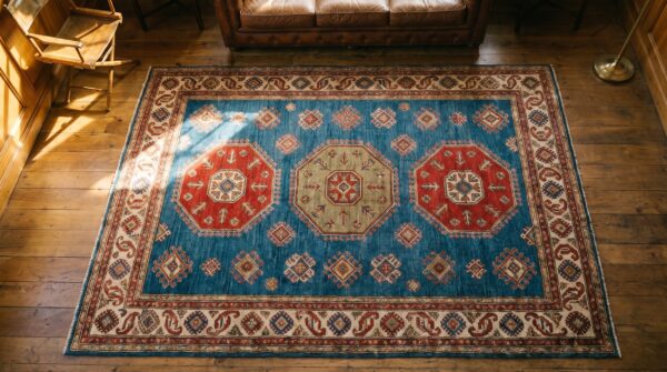 Light sky blue antique caucasian square small scatter wool kazak rug 2 Light sky blue antique caucasian square small scatter wool kazak rug (sku 19710) - styled overhead view