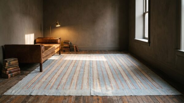 Light soft color allover geometric stripped pattern cotton dhurrie flat weave rug 6 Light soft color allover geometric stripped pattern cotton dhurrie flat weave rug (sku 21280) - room view