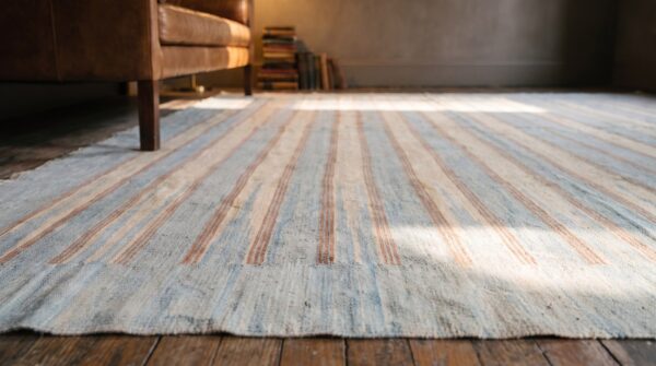 Light soft color allover geometric stripped pattern cotton dhurrie flat weave rug 7 Light soft color allover geometric stripped pattern cotton dhurrie flat weave rug (sku 21280) - in-room detail
