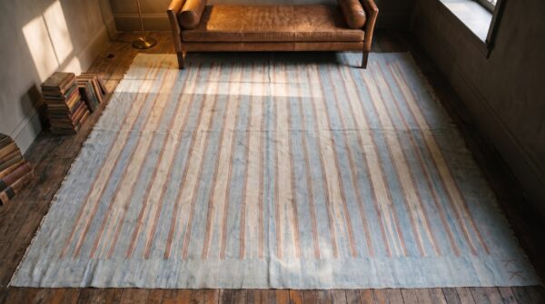 Light soft color allover geometric stripped pattern cotton dhurrie flat weave rug 2 Light soft color allover geometric stripped pattern cotton dhurrie flat weave rug (sku 21280) - styled overhead view