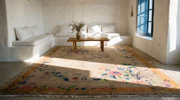 Light soft gray color big size antique chinese art deco carpet 6 Light soft gray color big size antique chinese art deco carpet (sku 25734) - room view