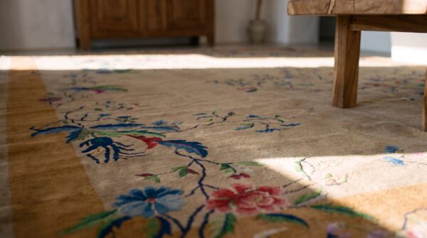 Light soft gray color big size antique chinese art deco carpet 7 Light soft gray color big size antique chinese art deco carpet (sku 25734) - in-room detail