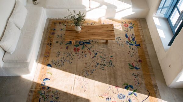 Light soft gray color big size antique chinese art deco carpet 2 Light soft gray color big size antique chinese art deco carpet (sku 25734) - styled overhead view