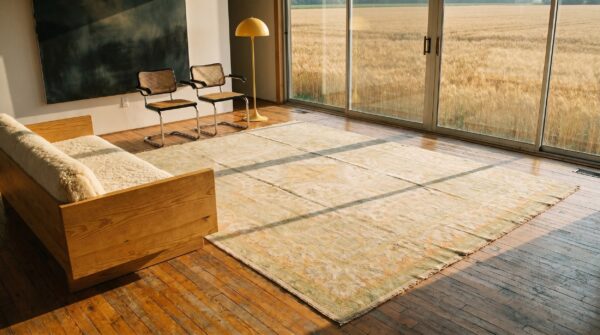 Light soft washed out ivory color antique decorative turkish borlou oushak rug 4 Light soft washed out ivory color antique decorative turkish borlou oushak rug (sku 19701) - room view