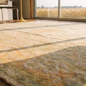 Light Soft Washed Out Ivory Color Antique Decorative Turkish Borlou Oushak Rug (SKU 19701) - in-room detail