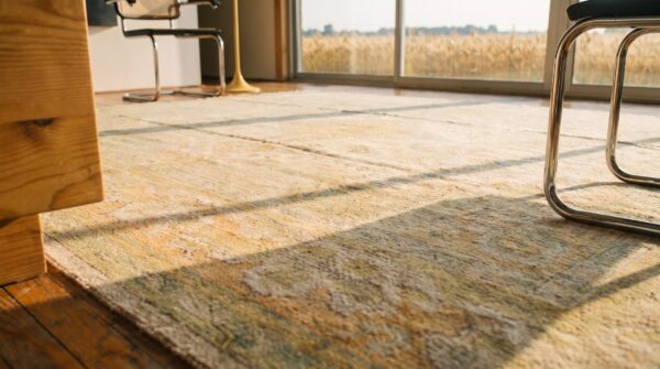 Light soft washed out ivory color antique decorative turkish borlou oushak rug 5 Light soft washed out ivory color antique decorative turkish borlou oushak rug (sku 19701) - in-room detail