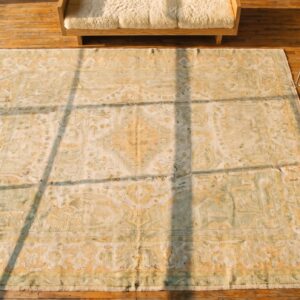 Light Soft Washed Out Ivory Color Antique Decorative Turkish Borlou Oushak Rug (SKU 19701) - styled overhead view