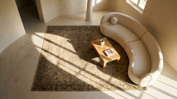 Light tobacco and ivory color antique room size persian sultanabad rug 2 Light tobacco and ivory color antique room size persian sultanabad rug (sku 24353) - styled overhead view