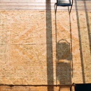 Light Warm Washed Out Color Antique Indian Room Size Amritsar Rug (SKU 20762) - styled overhead view