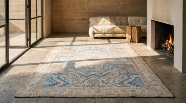 Light washed out blue color tribal geometric design antique cotton agra rug 9 Light washed out blue color tribal geometric design antique cotton agra rug (sku 19441) - room view