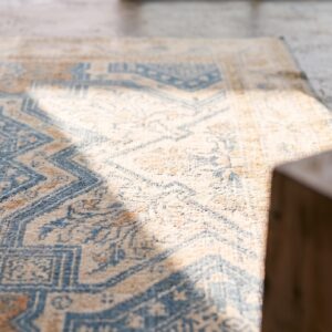 Light Washed Out Blue Color Tribal Geometric Design Antique Cotton Agra Rug (SKU 19441) - in-room detail